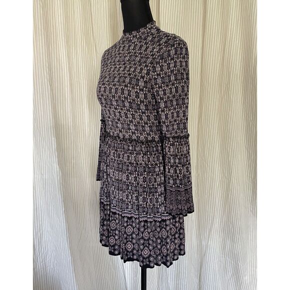 Womens Boho Mini Dress Small Black Purple Floral High Neck Long Sleeve Rayon - Picture 2 of 8